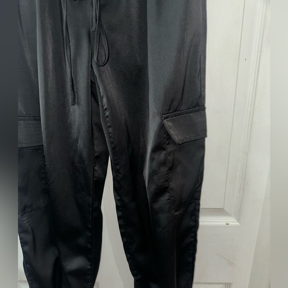 Womens Black Satin’y Jogger Cargo Pants - Picture 2 of 4